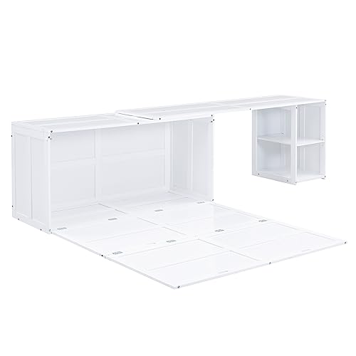 Murphy Bed with Storage Drawer, Easy Fold Wood Murphy Bed Queen with Side Little Shelves, Modern Murphy Bed Cabinet w/Rotable Desk for Guest Room Home Office, Gray
