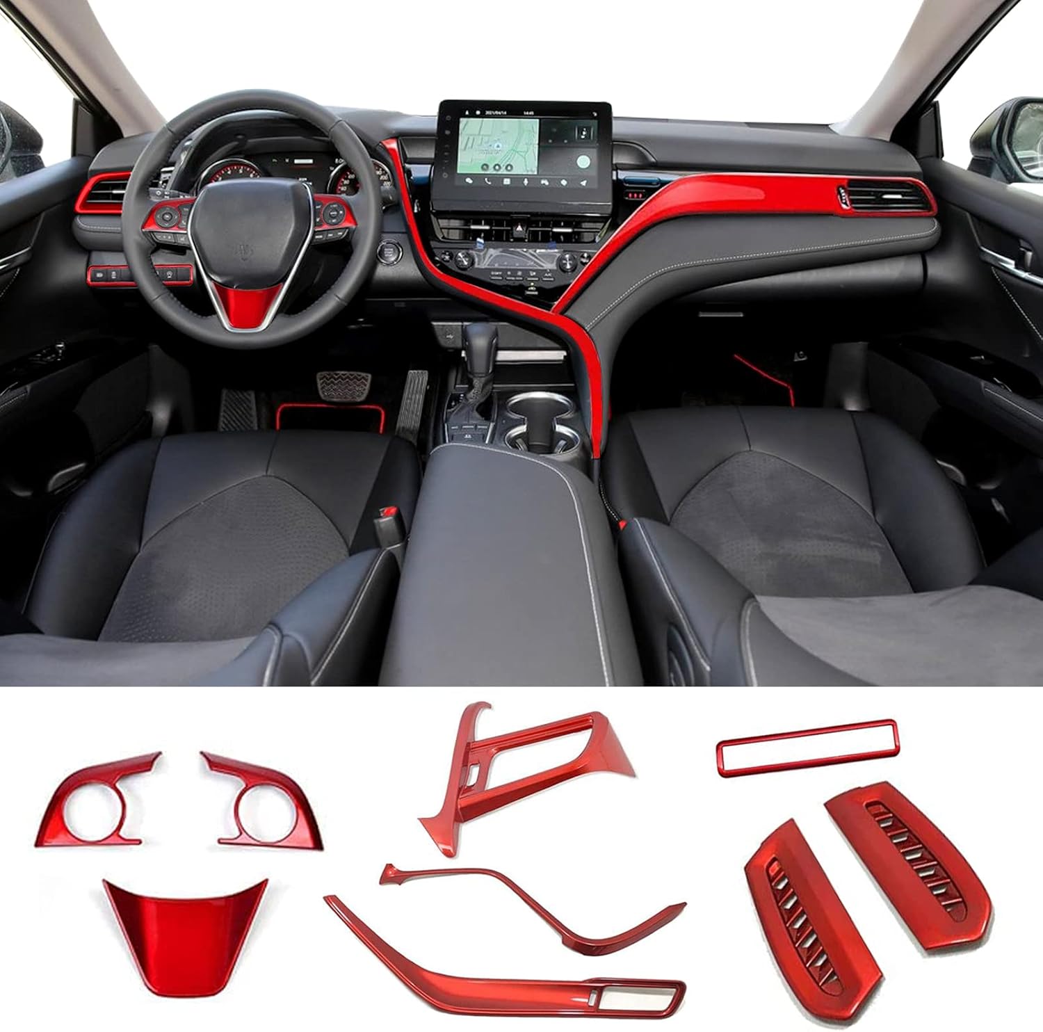 Winkter Toyota Camry Accessories ABS Full Set of Car Interiors Instrument Panel Center Console Moulding Trim Air Outlet Cover Wheel Accessories 10Pcs for Toyota Camry LE SE XLE XSE 2018-2021, RED
