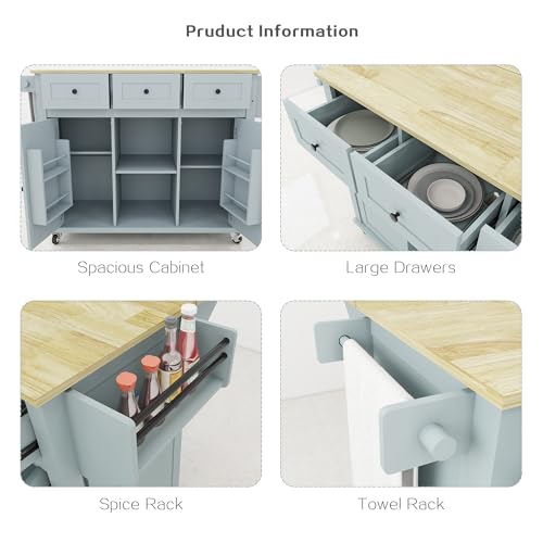 Kitchen Cart on Wheels with Drop Leaf,Rolling Kitchen Island with Storage Cabinet and 3 Drawers,Spice Rack,Towel Rack,Island Table for Kitchen,Living Room,Dining Room (Grey Blue)