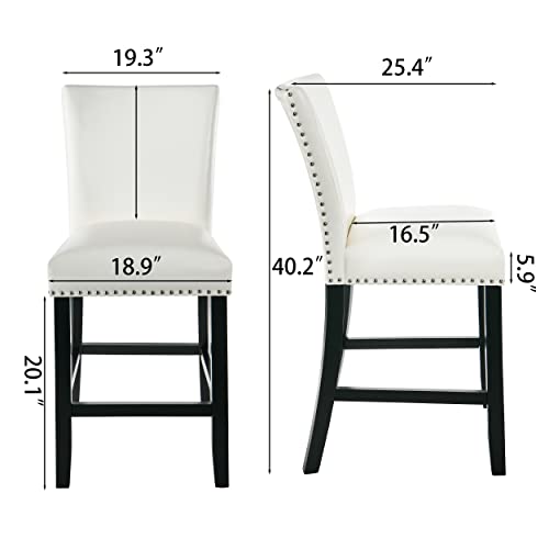 Glass Counter Height Bar Table Stools Set of 2, 42" Round Tempered Glasstop Counter Height Table Stools Set 26"H Barstools Chairs with Upholstered Back for Bar Kitchen Restaurant, Ivory White