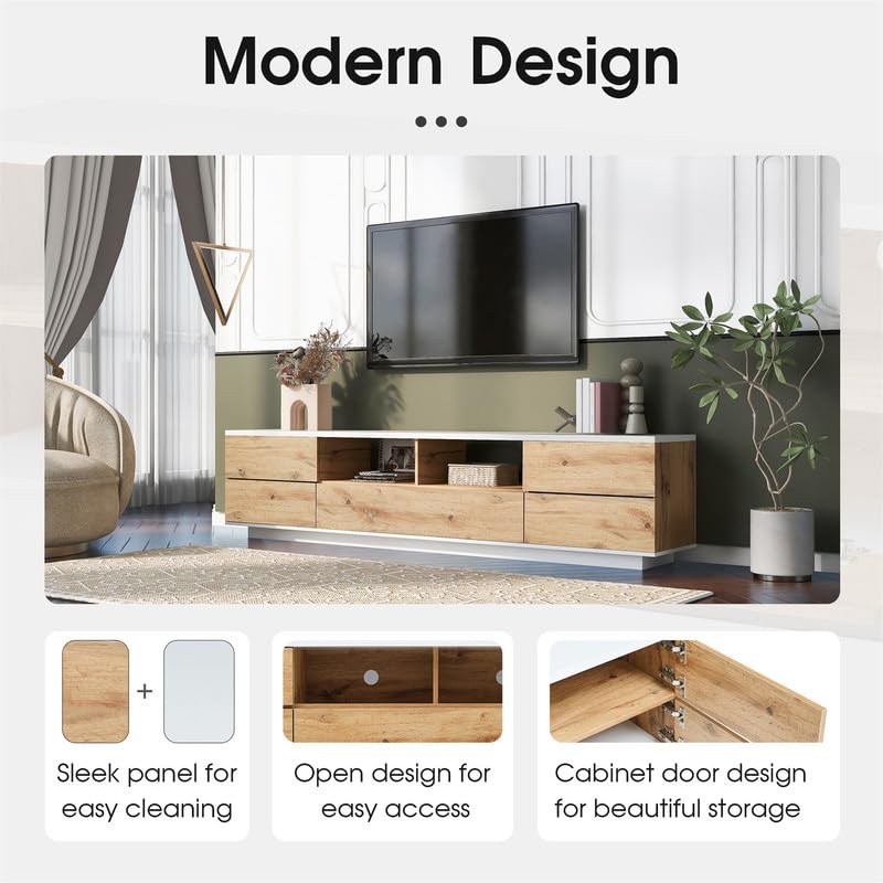 TV Stand up to 80", TV Stands for Living Room Entertainment Center with 8 Cabinet and Door Rebound Device, Modern TV Stand with Storage in MDF, TV Console Table Media Cabinet for Bedroom, Natural
