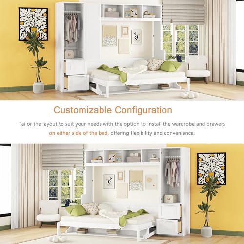 Linique Full Size Murphy Cabinet Storage Wall Bed with Closet and Drawers and Built-in Top Shelf,Hide a Bed on a Wardrobe Space Saving Design,Gray