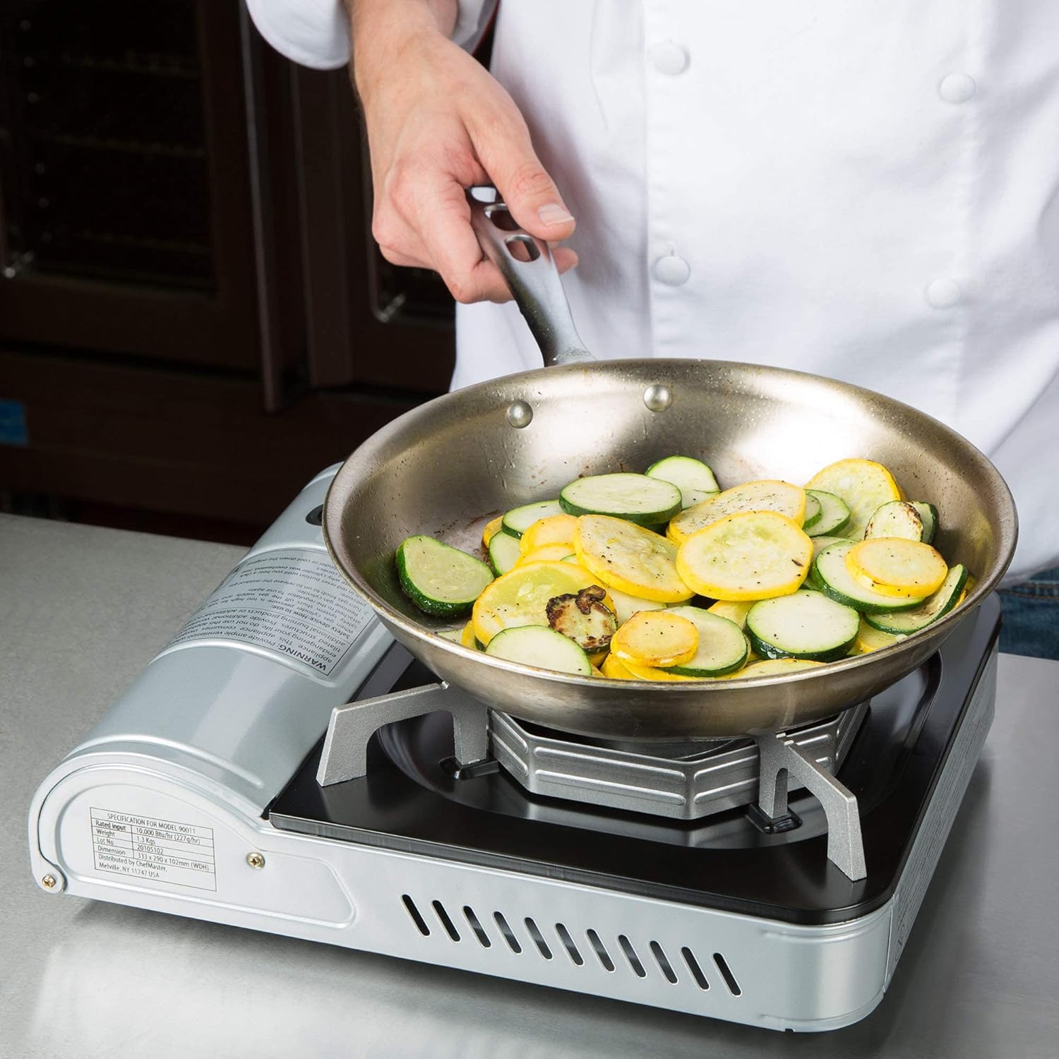 CHEF MASTER 90011 Portable Butane Stove | 10,000 BTU Outlet | Camp Kitchen Equipment | Emergency Stove | Hurricane Stove | Single Burner Camp Stove | Camping Cooking Stove + 4 Fuel Canisters Pack of 2