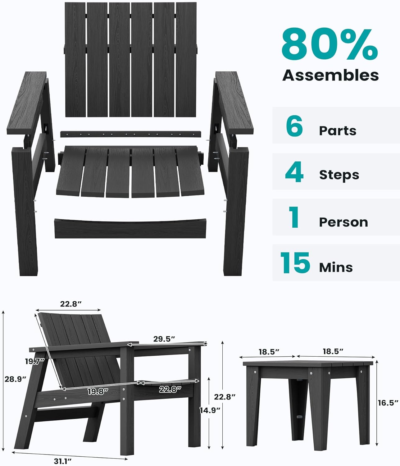 SERWALL 3 Piece Patio Bistro Set HDPE Adirondack Chair Sets with Side Table, includes Adirondack Chairs Set of 2 and 1 Adirondack Table for Patio, Lawn, Backyard- Black