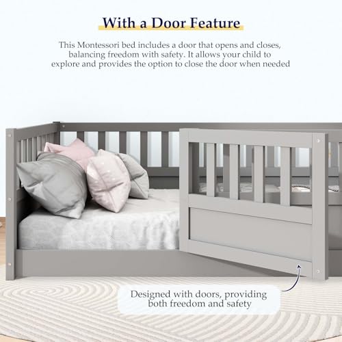 Full Floor Bed with Elevated Safety Guardrails and Door, Montessori Floor Bed for Kids, Wood Kids Floor Beds Frame, Full-White