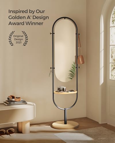 SONGMICS Full-Length Floor Mirror, 3-in-1, Modern Standing Full Body Mirror, Inspired by Original Award-Winning Design, 16.5 x 18.9 x 68.9 Inches, Living Room, Bedroom, Oak Beige and Ink Black