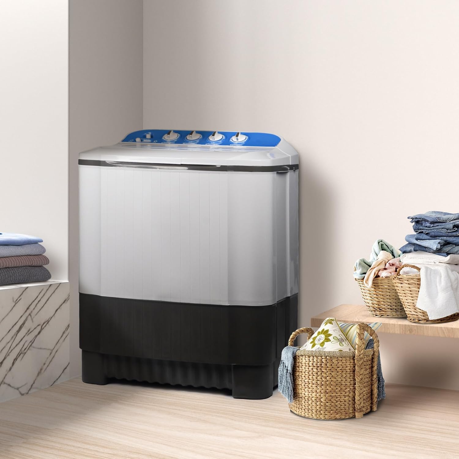 Portable Washing Machine, 15.5 Lbs Semi-Automatic Washer with twin Tub (Wash and Spin Dry), Compact Laundry Washer for Apartments, Dorm, RV