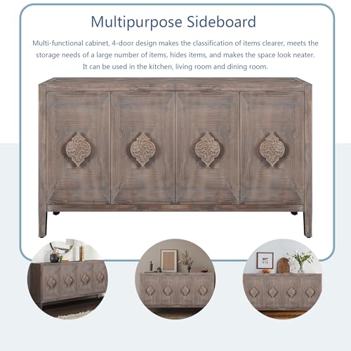 Antique Storage Cabinet Sideboard Buffet Cabinet Cupboard with 4 Carved Flower Handle Doors for Dining Room Living Room Kitchen Hallway (Black)