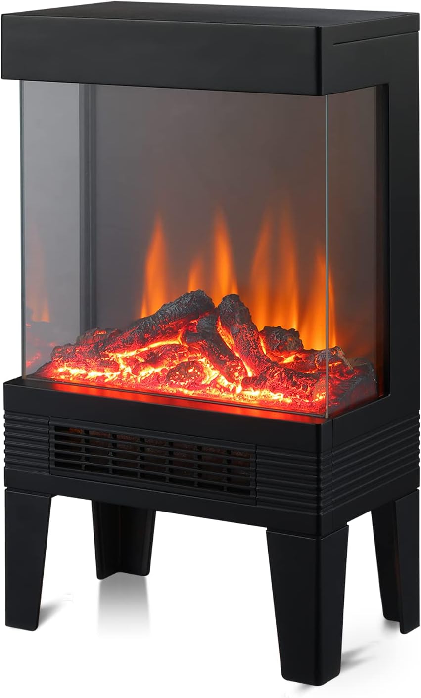 Goaeon 23inch Electric Fireplace Heater, Freestanding Electric Fireplace Stove with 3D Realistic Flame Effect, Three-Sided View Design, Indoor Use, 1000W/1500W