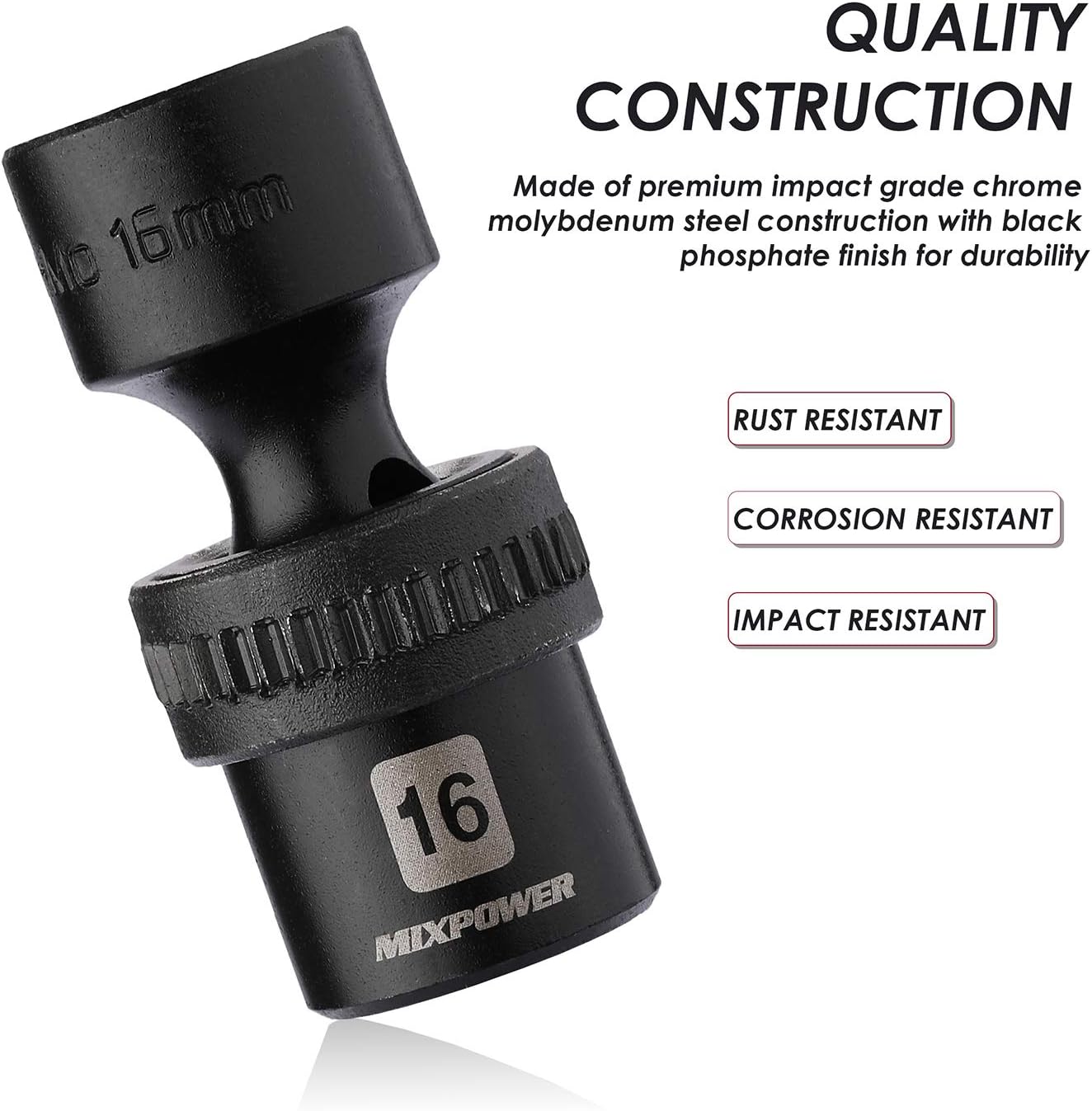 MIXPOWER 10-piece 3/8" Drive Shallow Universal Impact Socket Set, Metric,10-19mm, Swivel Socket with Flexible Wobble, CR-MO