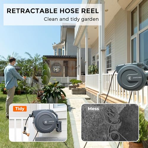 Giraffe Tools Hose Reel 1/2‘’ 78ft, Heavy Duty Retractable Garden Hose Reel with Any Length Lock, Slow Return System, Wall Mounted and 180 Deg Swivel Bracket