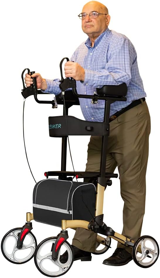 ELENKER Upright Walker, Stand Up Folding Rollator Walker with 10 Front Wheels Backrest Seat and Padded Armrestsf (Carbon Fiber Black)