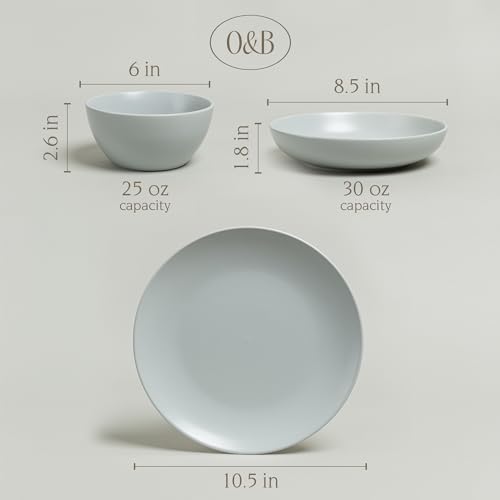 over&back Coupe Dinnerware Set - Stoneware Dishes - Comes with 4 Dinner Plates, 4 Salad Plates, 4 Cereal Bowls, and 4 Dinner Bowls - 16-Piece All-Occasion Place Settings - Semi-Matte Fog Blue