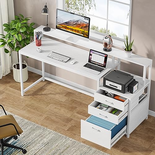 Tribesigns 63 Inch Computer Desk with File Drawer Cabinet, Ergonomic Office Desk with Monitor Stand, Industrial Computer Table with Printer Space, Wood PC Table Workstation Desk for Home Office
