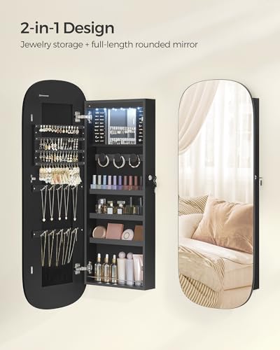 SONGMICS Jewelry Organizer, LED Jewelry Cabinet Wall or Door Mounted, Lockable Rounded Wide Mirror with Storage, Interior Mirror, 3.9 x 16.5 x 42.5 Inches, Black Surface with Black Lining