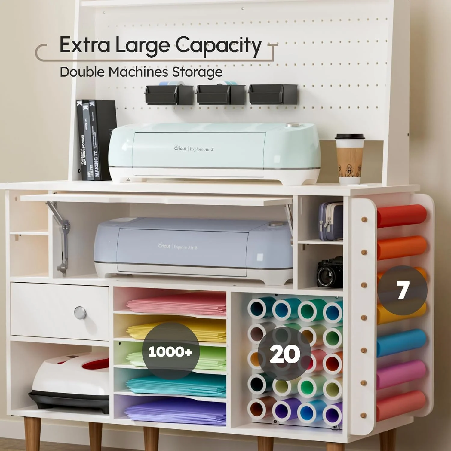 Organization and Storage Cabinet Compatible with Cricut Machines, Craft Cabinet Table Crafting Desk Organizer with Charging Station, Pegboard, Vinyl Roll Holders, Large Craft Room Furniture