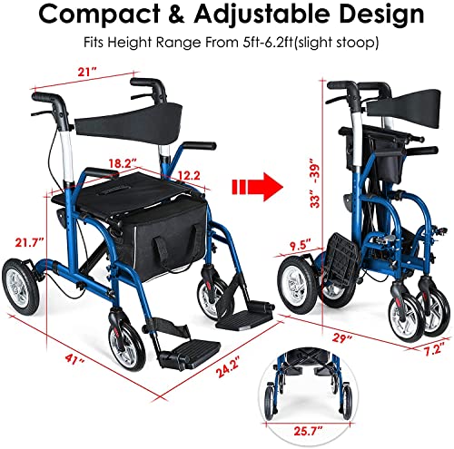 2 in 1 Rollator Walker for Seniors-Medical Walker with Seat,Folding Transport Wheelchair Rollator with 10" Big PU Rear Wheels,Reversible Soft Backrest and Detachable Footrests Blue