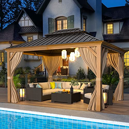 EROMMY 14'x20' Hardtop Gazebo Double Roof Galvanized Steel Canopy Outdoor Aluminum Frame Permanent Metal Pavilion with Netting and Curtains for Patio Backyard Deck and Lawns