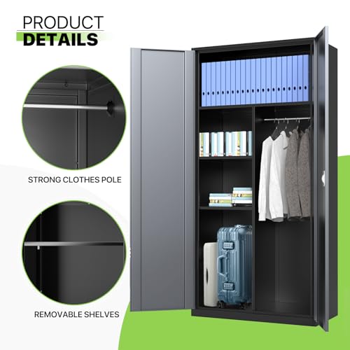 Magshion Metal Storage Cabinet, 72" Locking Storage Wardrobe Cabinet with Hanging Rod, Steel Storage Locker Closet with 4 Shelves for Home Office, Garage, Grey