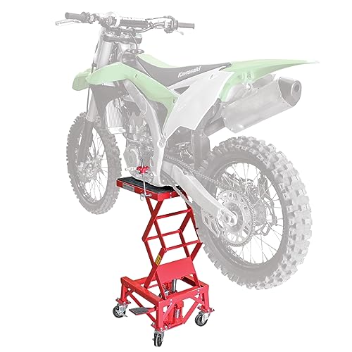Extreme Max 5001.5083 Ultra-Stabile Hydraulic Motorcycle Lift Table with Foot Pad Lift Function - Raises Bikes from 13.25" to 34", 300 lbs. Weight Capacity, Red