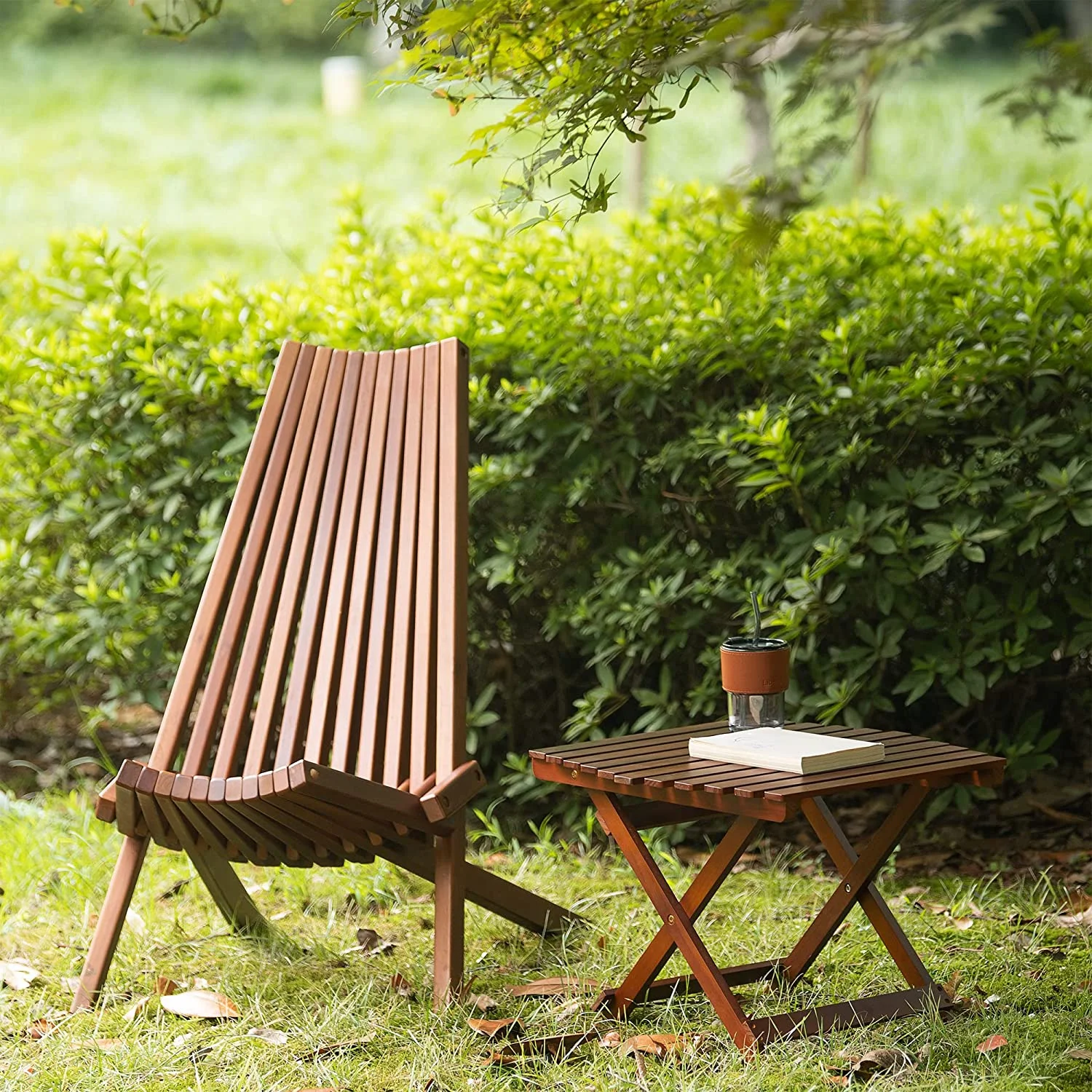 Patio Natural Lounge Chairs Outdoor Folding Wood Chair, Foldable Low Profile Acacia Wood Lounge Chair Perfect for Patio Garden Deck - 21.5 x 30 x 33 Inches