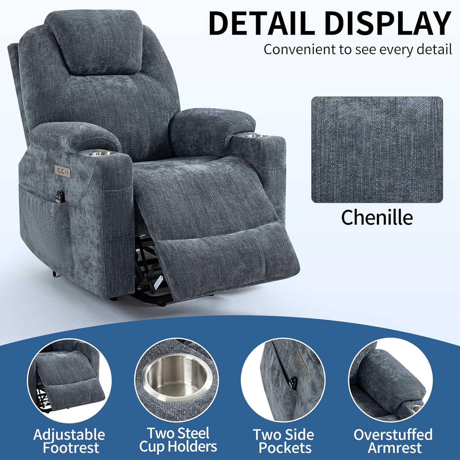 Chenille Power Lift Recliner Chair,Heavy Duty Motion Mechanism with 8-Point Vibration/3 Modes Massage/Lumbar Heating/USB/Type-C Ports/Stainless Steel Cup Holders,for Elderly,Blue, 35.43" D