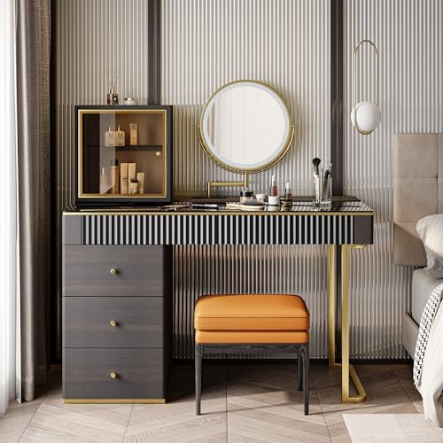 POVISON Makeup Vanity Desk with Mirror & LED Light, Easy Assembly, Mid Century Modern Dresser Desk, Dressing Table with Stool & Charging Station, 5 Drawers, Tempered Glass Top (Wood, 47")