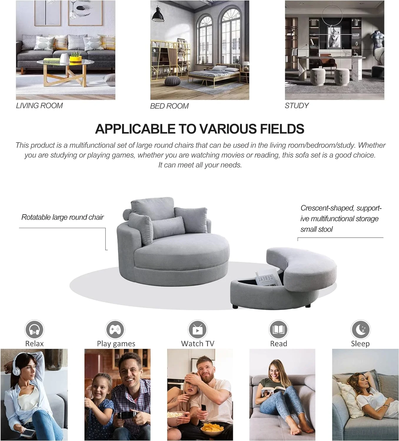 Gxcevsou 51''W Oversized Swivel Chair with Moon Storage Ottoman, Modern Accent Round Loveseat Circle Barrel Chairs Bedroom Cuddle Sofa Lounger Armchair, 4 Pillows, Linen Fabric, Light Gray