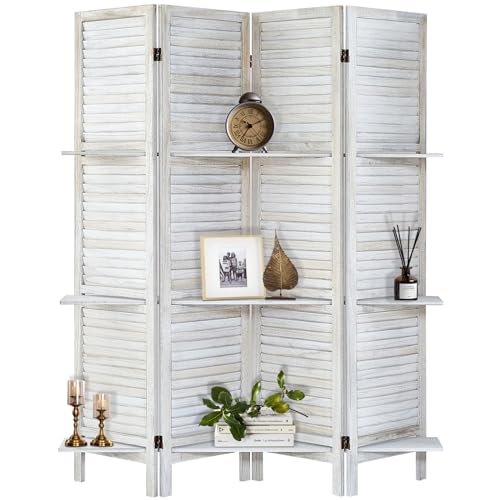 Room Divider with Shelves, Privacy Screen, Room Dividers and Folding Privacy Screens, 5 Panel Wood Temporary Wall Partition Separation Separator, Coconut