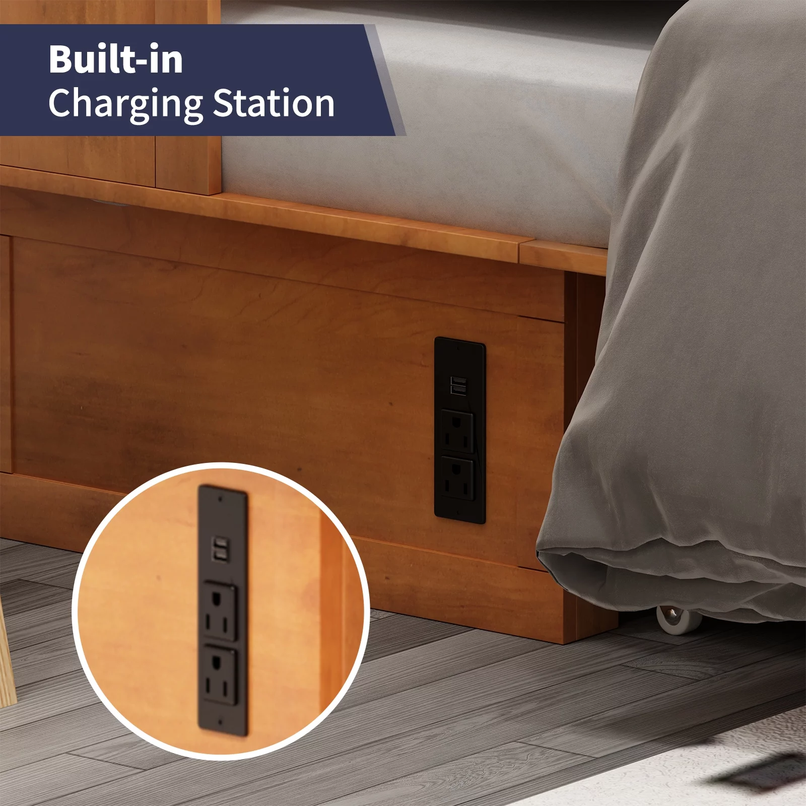 ZAFLY Murphy Bed with Trifold Foam Mattress, Cabinet Bed has USB Charging Station, Queen Size Cabinet Chest Bed with Large Drawers for Living Room/Bedroom (Cherry)
