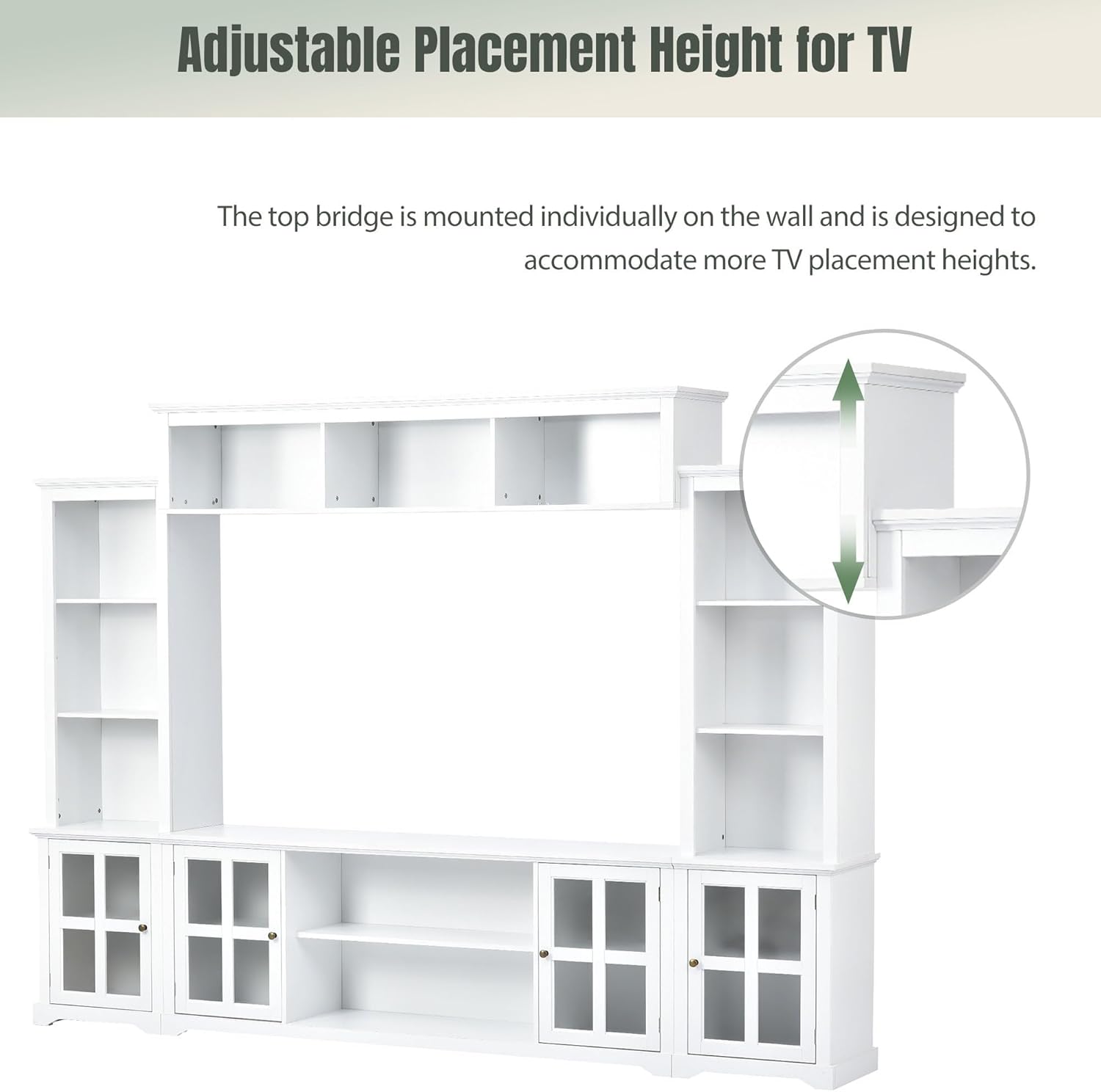 Entertainment Wall Unit with Bridge, Stand Media Console Table for TVs Up to 70" with Tempered Glass Door, Ample Storage Space for Living Room, White