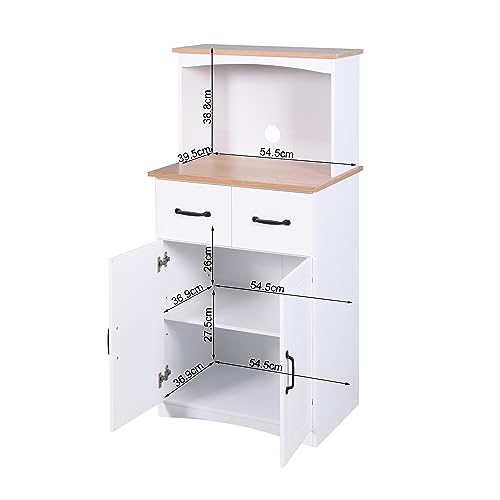 Tall Kitchen Pantry, Wooden Kitchen Cabinet White Pantry Room Storage Microwave Cabinet with Framed Glass Doors and Drawer, Buffet Cabinet Coffee Bar Cabinet for Dining Room Living Room