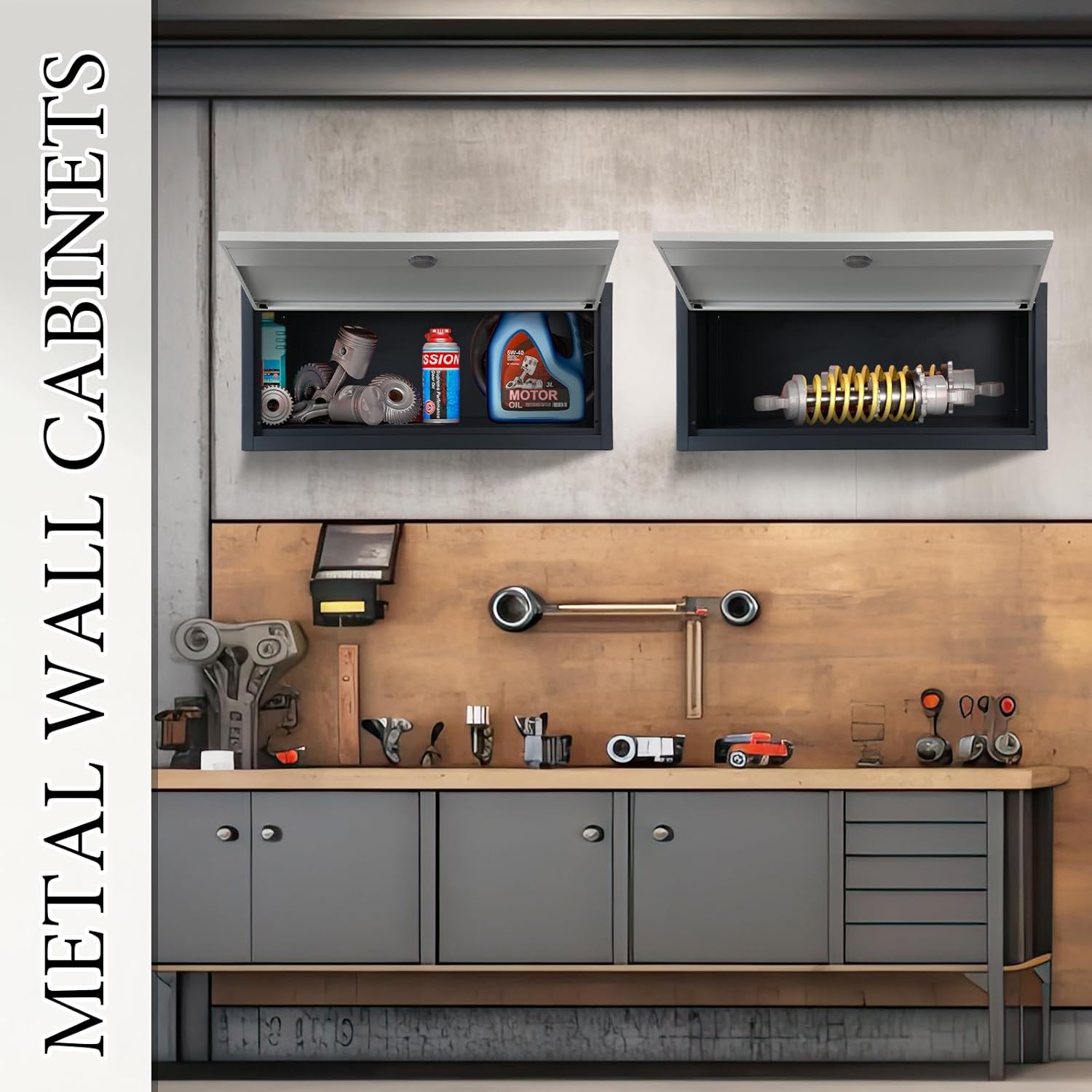 2 Pcs Metal Wall Cabinets Small Wall Mounted Cabinet Lockable Storage Cabinet with Up Flip Door Wall Steel Hanging Upper Cabinet for Garage Kitchen Office Home, 30.71 x 11.81 x 13.78