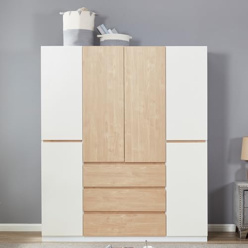 Armoire Wardrobe Closet Cabinet, 4 Door 3 Drawers Wooden Tall Cabinet Closet Wardrobe for High Storage Capacity, White Closet Cabinet with Hanging Rod 63" L x 20.3" W x 74.2" H