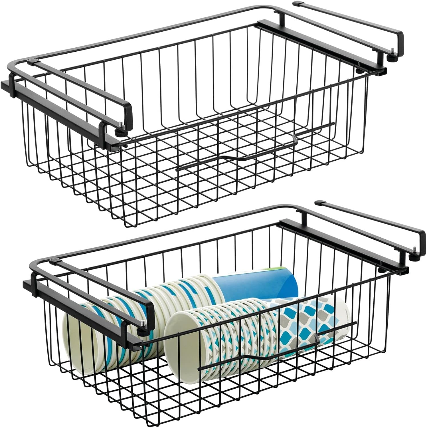 mDesign Large Metal Wire Hanging Pullout Drawer Basket - Sliding Under Shelf Storage Organizer - Attaches to Shelving - Easy Install - 2 Pack - Silver Pack of 2