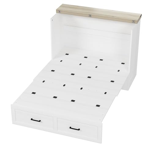 Bellemave Queen Murphy Bed, Cabinet Bed with Charging Station and Storage, Farmhouse Murphy Cabinet with Foldable Panel, Noisy Free, for Guest Bedroom, Living Room, Office, Rustic Gray
