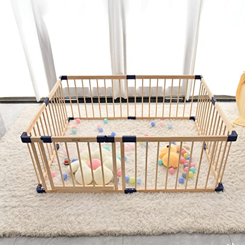 Baby Wooden Playpen,baby Playars, Baby Fence Play Area with Safety Gate, Sturdy Playpen for Babies and Toddlers, Indoor Safety Play Yard (55x79x24 Inches)