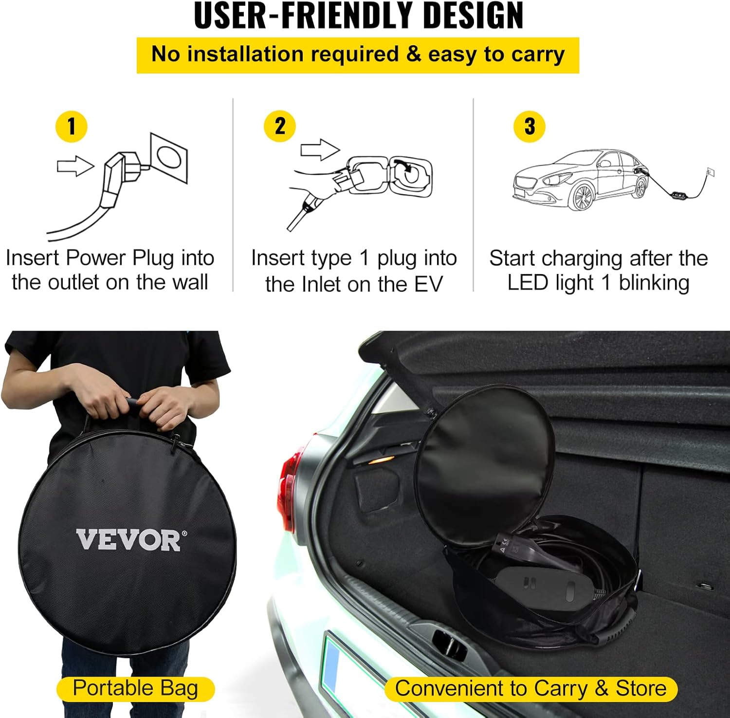VEVOR Level 1+2 EV Charger, 15 Amp 110-240V, Portable Electric Vehicle Charger with 25 ft Charging Cable NEMA 6-20 Plug NEMA 5-15 Adapter, Plug-in Home EV Charging Station for SAE J1772 Electric Cars