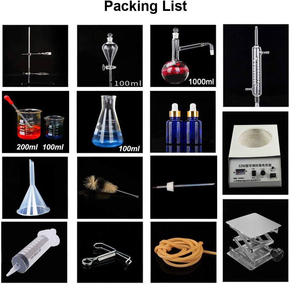1000ml Lab Essential Oil Steam Distillation Apparatus Glassware Kits Water Distiller Purifier Distillation Device Set Home Distiller Oil Extraction Chemical Experiment Equipment with Heater Lift