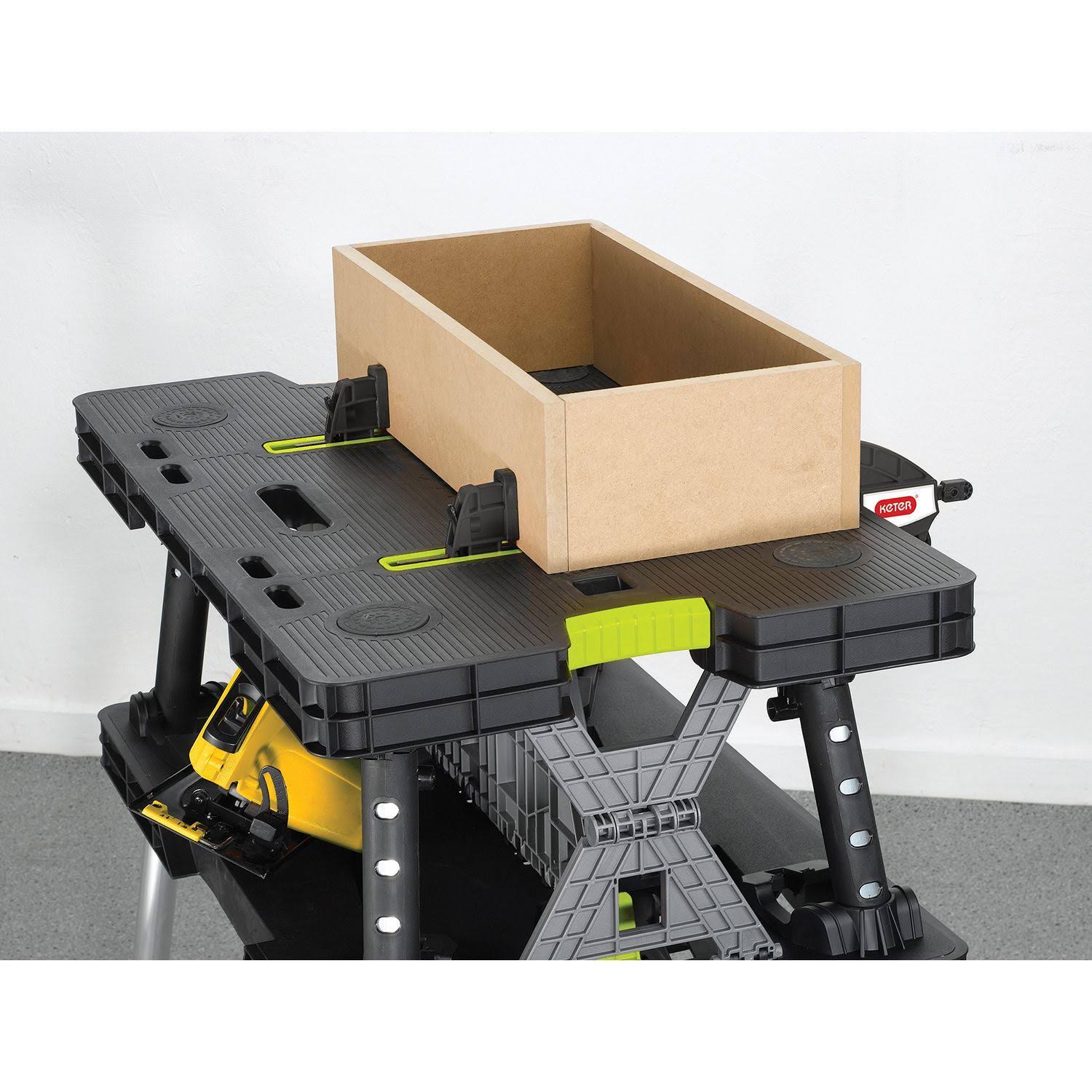 Keter Compact Work Table Portable Folding Garage Workbench with Clamps