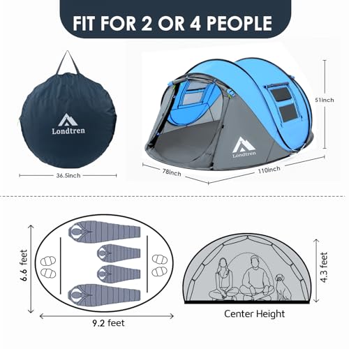 4 Person Easy Pop Up Tent Waterproof Automatic Setup 2 Doors-Instant Family Tents for Camping Hiking & Traveling