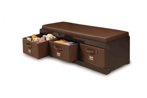 Badger Basket Kid's Padded Toy Storage Bench with Cushion and Three Fabirc Bins - Gray