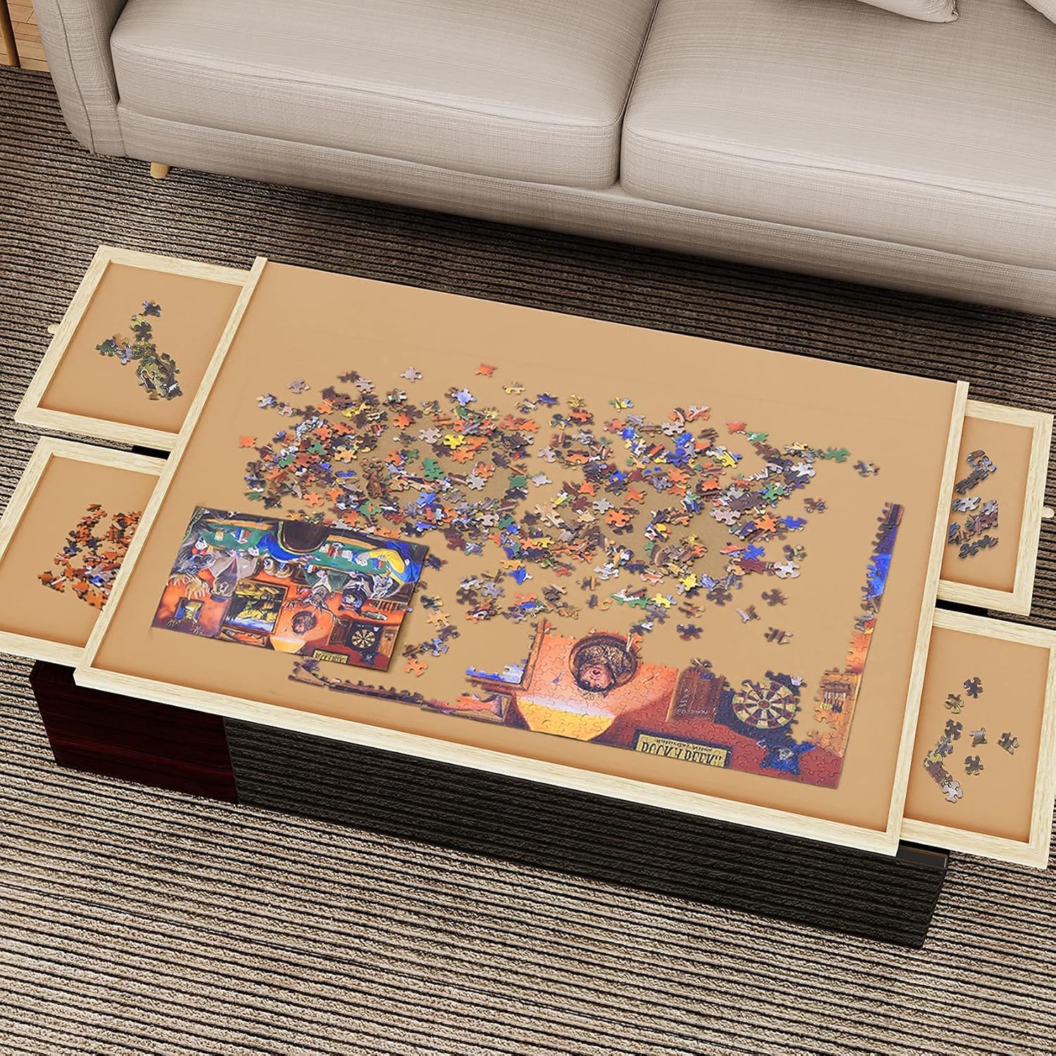 Lovinouse Upgraded 1000 Piece Wooden Puzzle Table with Holder, Jigsaw Puzzles Plateau Puzzle Board with Smooth Fiberboard Work Surface, 4 Sliding Drawers, Puzzle Storage for Teens Adults