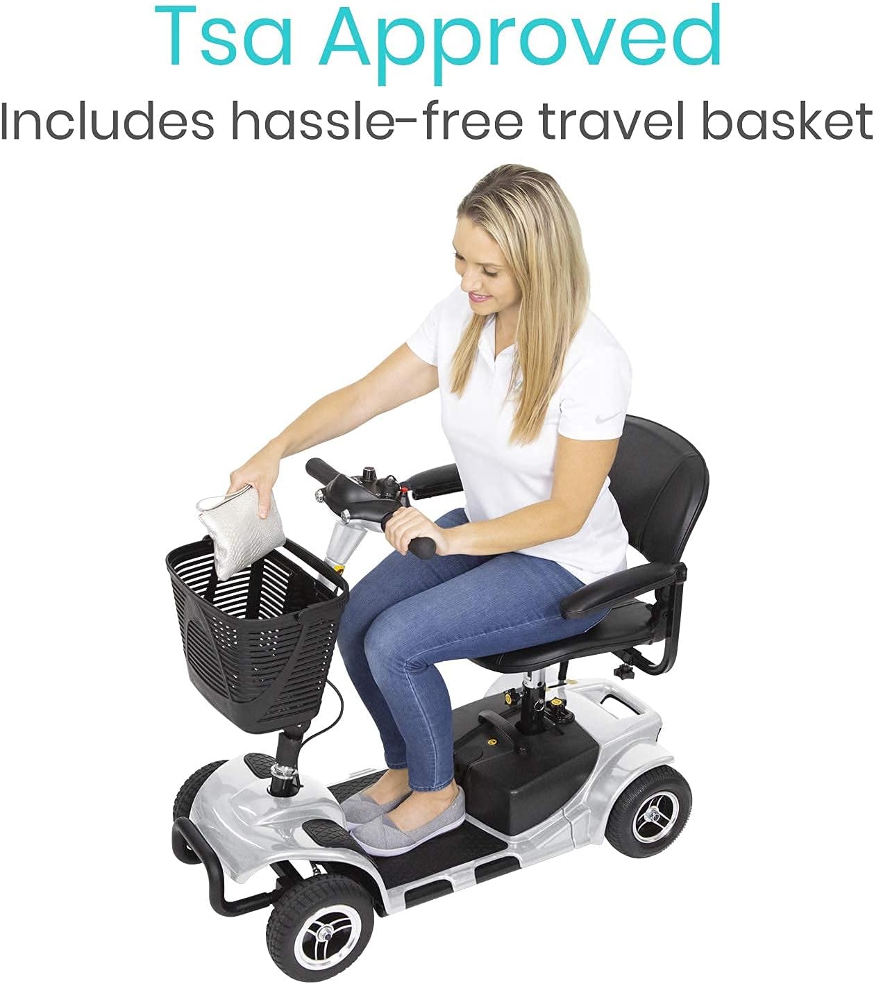 Vive 4 Wheel Mobility Scooter - Electric Powered Wheelchair Device - Compact Heavy Duty Mobile for Travel, Adults, Elderly - Long Range Power Extended Battery with Charger and Basket Included