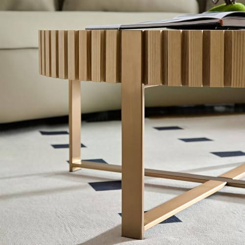 31.5'' Round Coffee Table, Modern Coffee Table Circle Solid Wood Coffee Table with Stainless Steel Gold Legs, Romanesque Small Center Table for Living Room Office Apartment (Walnut)