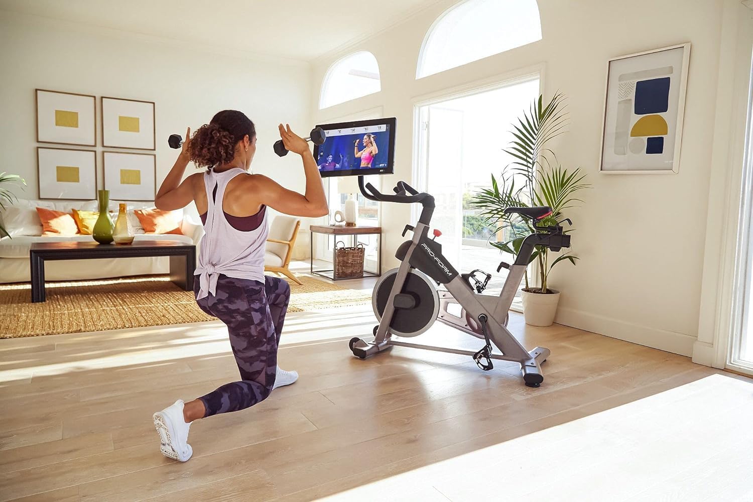 Proform Studio 22 Pro Exercise Bike with 22” HD Touchscreen and 24 resistance levels,Two 3 lb dumbbells for workout, 30 Day iFIT Membership - Black
