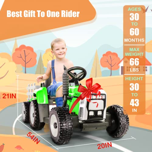 Kids Ride on Tractor with Remote Control, 12V Battery Powered Electric Tractor for Kids Bluetooth Music/USB, 3-Gear-Shift, Safety Belt, 25W Dual Motors, 7-LED Lights