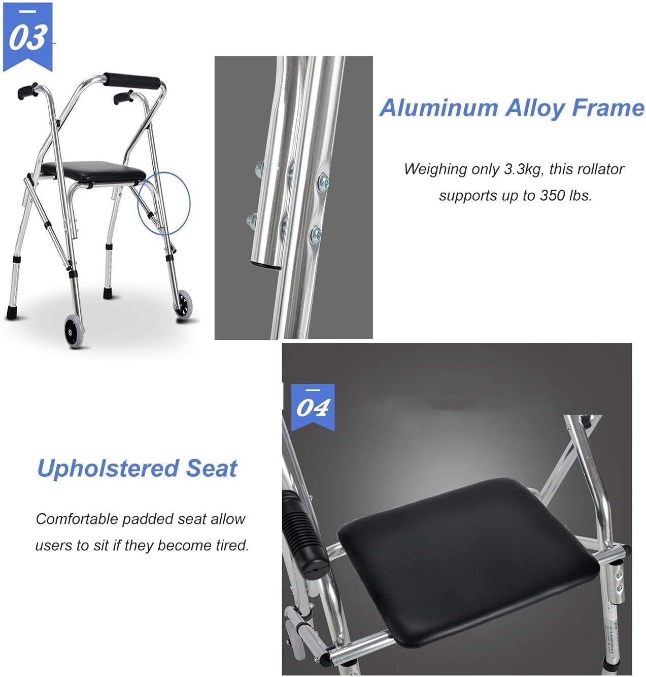 Rollator Walker?with Seat and 2 Wheels for Elderly Disabled, Folding Lightweight All Terrain Medical Walking Frame Mobility Aid Supports Up to 220 Lbs