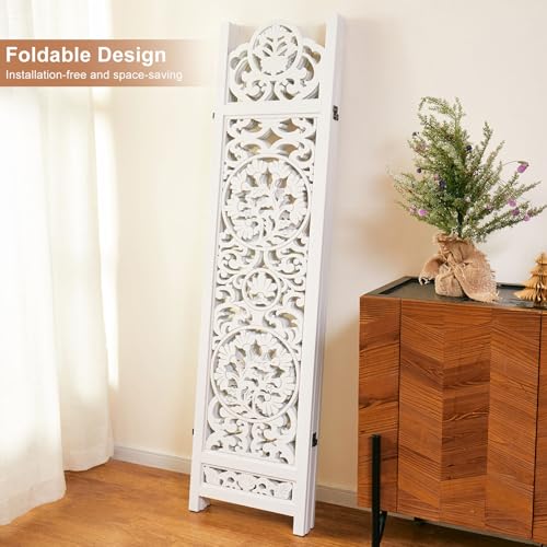 5.75Ft Room Divider Wood Carved Wall Divider Indoor Folding Portable Partition Screen for Home Office Garden Terrace - 4 Panel (Antique Brown)