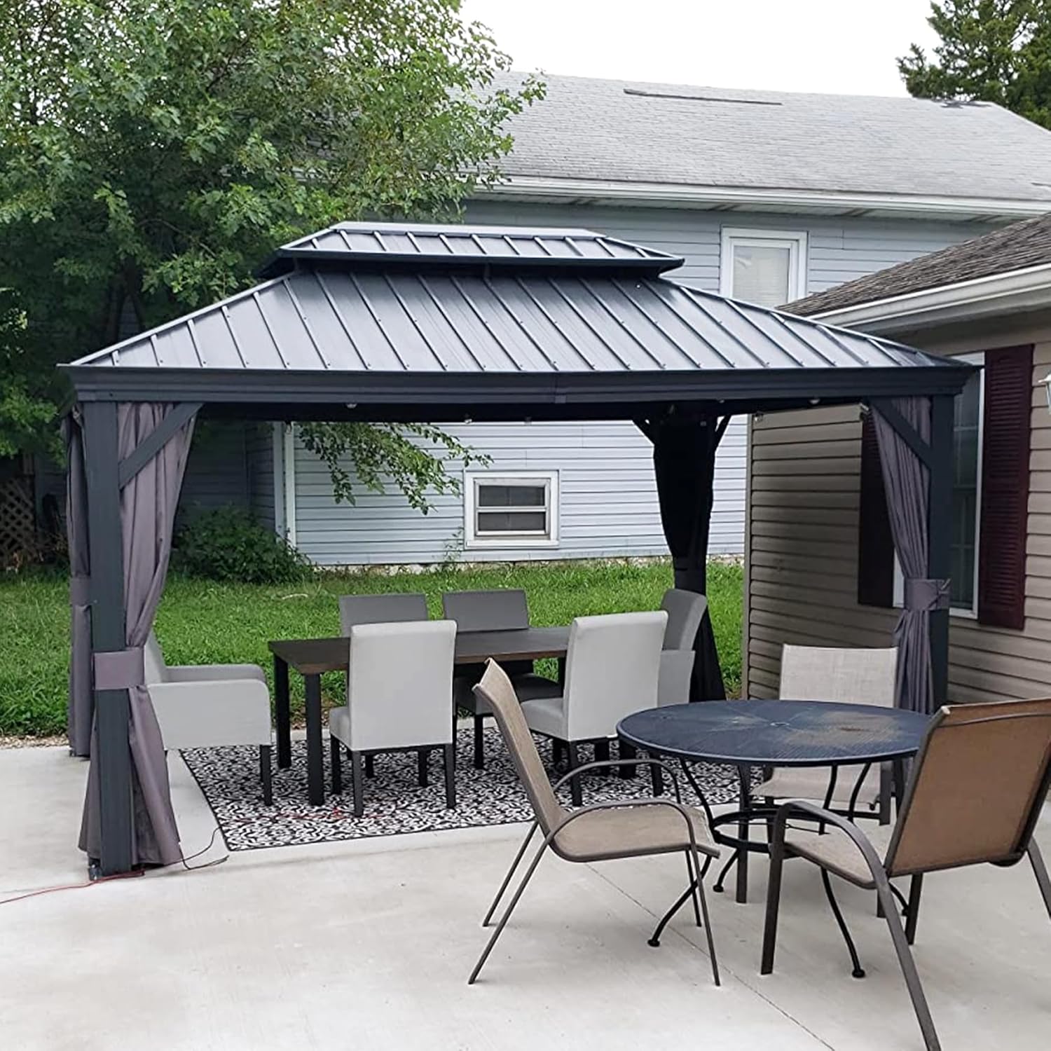 PURPLE LEAF 11' X 14' Hardtop Gazebo with Galvanized Steel Double Roof Outdoor Gazebo for Patio Lawn and Garden Curtains and Netting Included Grey